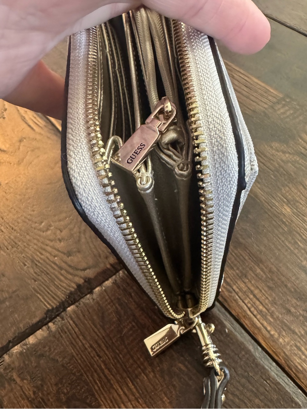 Guess Beige Monogram Zip-Around Wristlet Wallet with Gold Logo - Picture 2 of 16